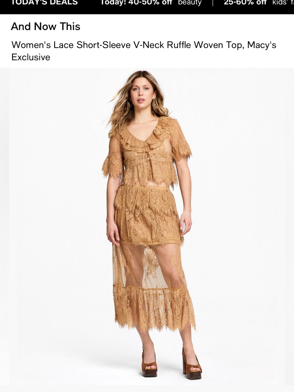 Two-piece lace set blouse and skirt.